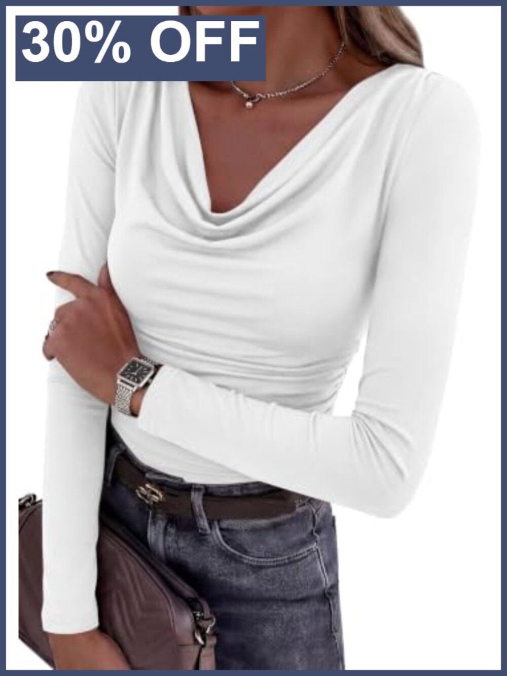 Women's Cowl Neck Long Sleeve Ruched Slim Fit Blouse Top